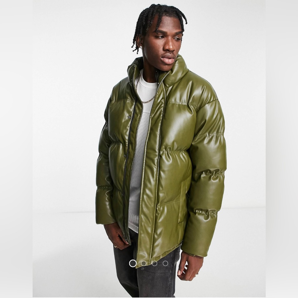 Urbancode faux leather puffer jacket in khaki